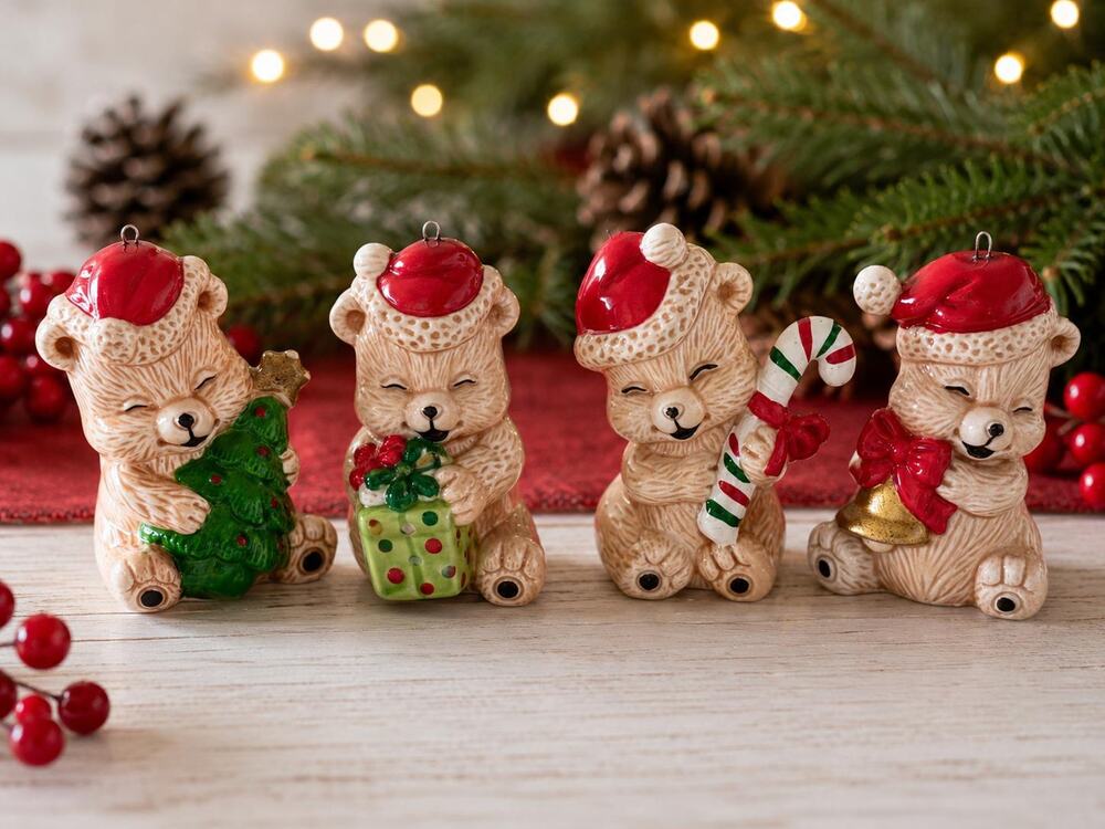Vintage 1980s Ceramic Teddy Bear Ornaments, Glazed Holiday Decor (Set of 4)